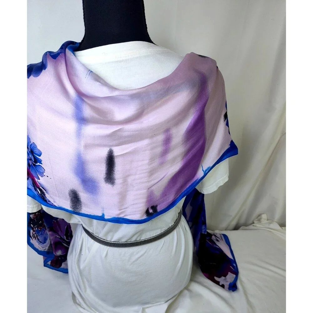 Silk Vince Camuto Watercolor Floral Scarf Wrap Blues White Rectangle 76 X 28 In